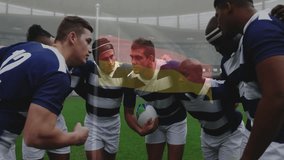 On field, rugby team huddling with animation of flag overlay in background. teamwork, unity, sports, athletes, national, strategy - Powered by Shutterstock - Get 15% off with code: PIKWIZARD15