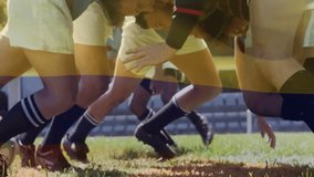 In school, animation showing rugby players in scrum formation on grassy field. Sports, teamwork, competition, athletes, recreation, strategy - Powered by Shutterstock - Get 15% off with code: PIKWIZARD15
