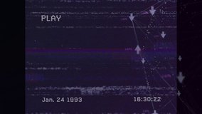 Animation of retro VHS-style screen with network connections and data points. digital, technology, vintage - Powered by Shutterstock - Get 15% off with code: PIKWIZARD15