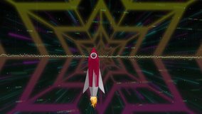 Animation of rocket flying with colorful geometric patterns and Earth in background. Space, exploration, launch, geometry, vibrant, design - Powered by Shutterstock - Get 15% off with code: PIKWIZARD15