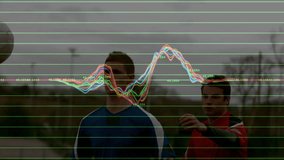 Playing soccer, two people with animation of financial data graphs overlaying scene. Sports, teamwork, competition, analytics, technology, finance - Powered by Shutterstock - Get 15% off with code: PIKWIZARD15