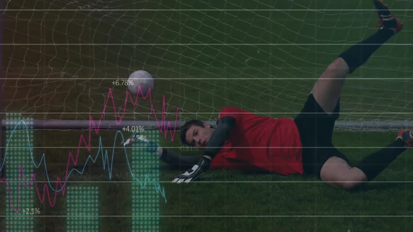 Lying on grass, goalkeeper with data graphs overlaying soccer goal animation. sports, analysis, technology, statistics, performance, athlete - Powered by Shutterstock - Get 15% off with code: PIKWIZARD15