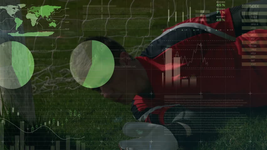 Kicking soccer ball, player with animation of data analytics and world map. technology, sports, data visualization, football, global, athlete - Powered by Shutterstock - Get 15% off with code: PIKWIZARD15