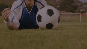 Holding soccer ball, player with financial data animation and stock market graphs. Finance, sport, athlete, analysis, growth, economy - Powered by Shutterstock - Get 15% off with code: PIKWIZARD15
