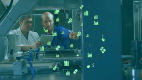 Engineers discussing data processing animation over machinery in industrial setting. teamwork, industry, technology, innovation, discussion, automation - Powered by Shutterstock - Get 15% off with code: PIKWIZARD15