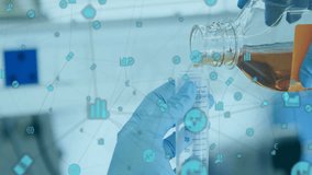 Gloved hands pouring liquid into beaker with scientific data animation overlay. Laboratory, chemistry, experiment, research, scientist, technology - Powered by Shutterstock - Get 15% off with code: PIKWIZARD15