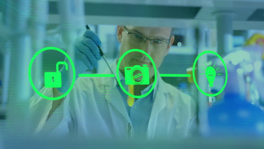 In laboratory, scientist working with animation and digital security icons overlay. Technology, cybersecurity, research, innovation, analysis, science - Powered by Shutterstock - Get 15% off with code: PIKWIZARD15