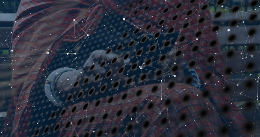 Using laptop with digital data and animation overlaying keyboard network connections. Technology, innovation, connectivity, cyber, communication, interface