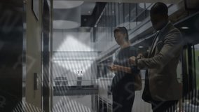 Business professionals discussing data analytics over digital world map animation. teamwork, brainstorming, technology, global - Powered by Shutterstock - Get 15% off with code: PIKWIZARD15