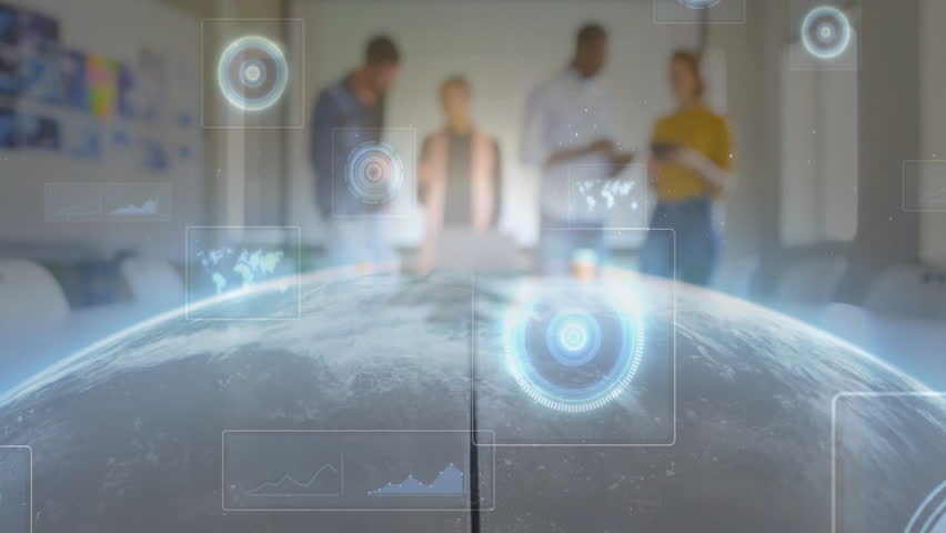 In office, diverse people collaborating using digital interface with data animation. Teamwork, business, innovation, brainstorming, collaboration, technology - Powered by Shutterstock - Get 15% off with code: PIKWIZARD15