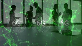 Silhouetted people using devices with 6G network animation over world map. Technology, connectivity, innovation, communication, digital, global - Powered by Shutterstock - Get 15% off with code: PIKWIZARD15