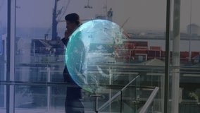 Talking on phone, businessman with digital globe animation overlaying cityscape. technology, urban, innovation, communication, network, futuristic - Powered by Shutterstock - Get 15% off with code: PIKWIZARD15