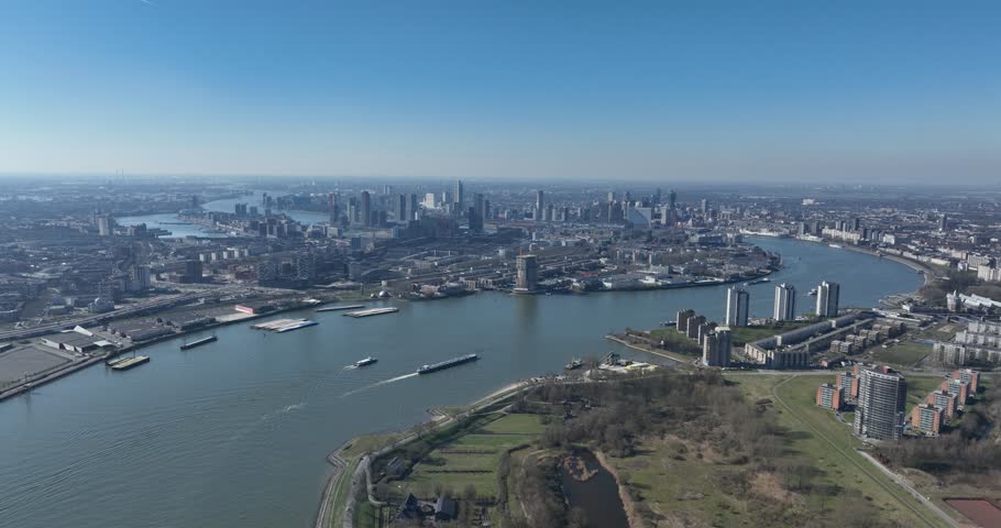 Nieuwe Maas river and skyline of Rotterdam, The Netherlands.