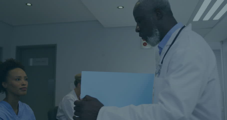 Reviewing financial data and stock market graphs, doctors in animation setting. Finance, healthcare, data analysis, investment, technology, economy