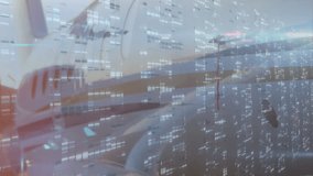 Airplane with digital data processing animation overlaying fuselage and sky. Aviation, technology, innovation, transportation, futuristic, network - Powered by Shutterstock - Get 15% off with code: PIKWIZARD15