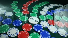 Poker chips and dealer button on table with animation of financial data overlay. Gambling, casino, finance, betting, investment, strategy - Powered by Shutterstock - Get 15% off with code: PIKWIZARD15