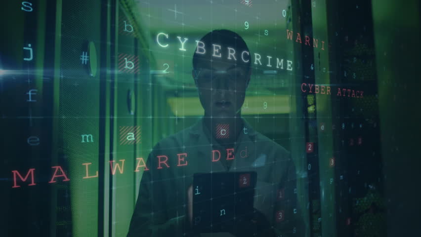 Person in server room with cybersecurity warning and data overlay animation. technology, data protection, network, digital, computer, infrastructure - Powered by Shutterstock - Get 15% off with code: PIKWIZARD15