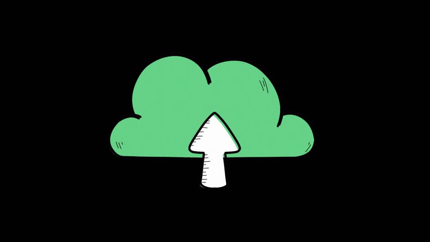 Animation of a cloud file upload icon with an arrow moving up, isolated on transparent background.	