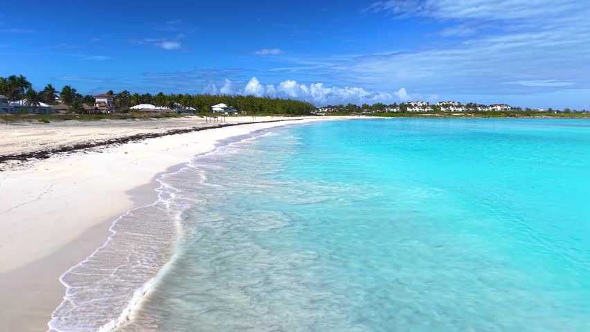 Aerial view of the beautiful beach at Emerald Bay at Great Exuma island, The Bahamas, Caribbean Sea