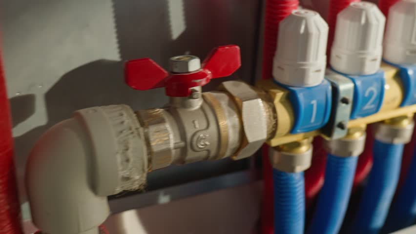 Underfloor heating manifold with control valves, flow meters and connected red pipes. Home heating system, plumbing and temperature control concept