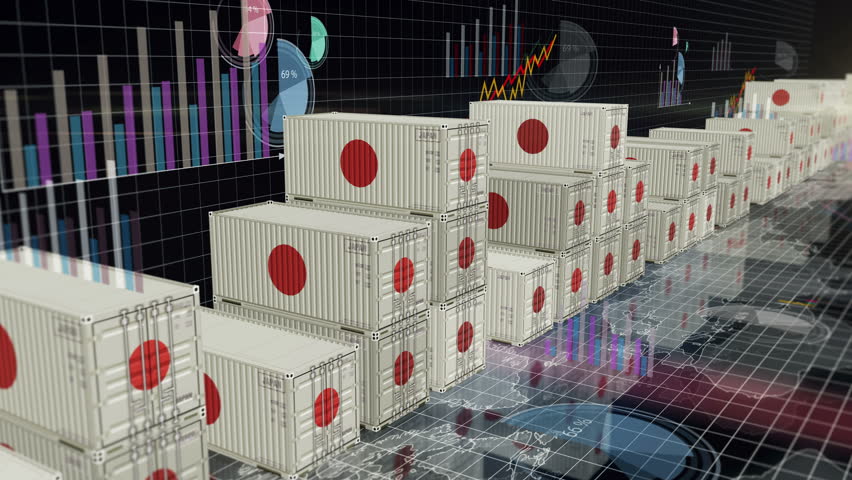 Japan export production and import cargo containers on charts and diagrams seamless and loopable business concept. Japanese flag industrial shipping box 3d loop.