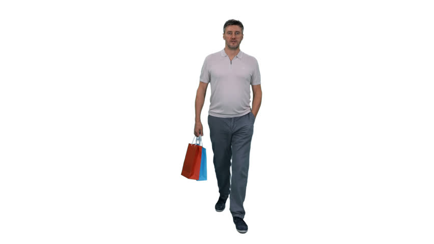 Handsome mid adult man in white T-shirt carrying colorful shopping bags, Front view, Full HD footage with alpha transparency channel isolated on white background
