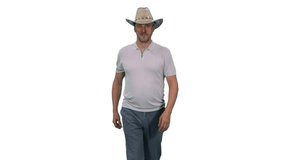 A confident mid adult man wearing cowboy hat walking with hands in pockets, Front view, Full HD footage with alpha transparency channel isolated on white background - Powered by Shutterstock - Get 15% off with code: PIKWIZARD15