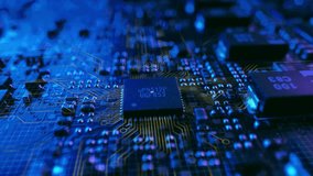 Animation of blue light trails moving over computer circuit board. High technology circuit board animation with glowing blue lines. technology design. - Powered by Shutterstock - Get 15% off with code: PIKWIZARD15