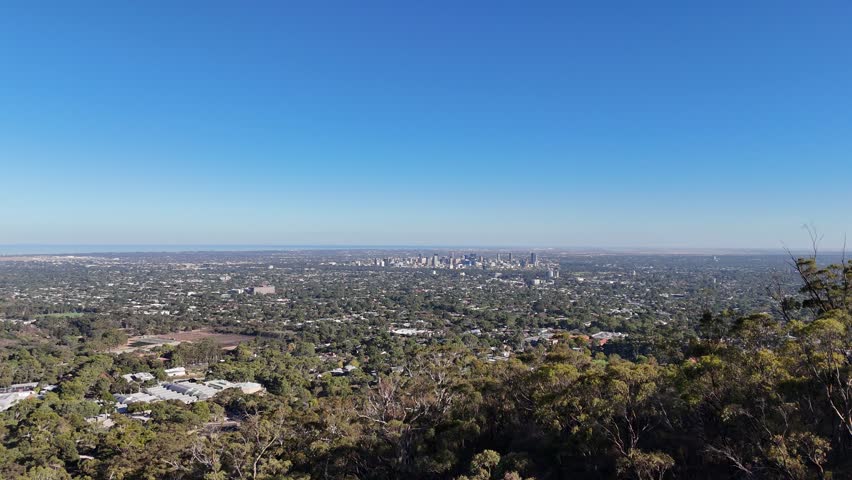 Aerial Drone View of Adelaide City from Brown Hill Creek, Adelaide, South Australia, Showing Hills, Mountains, Urrbrae Suburban, Wild Australia, Countryside Australia