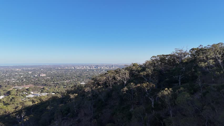 Aerial Drone View of Adelaide City from Brown Hill Creek, Adelaide, South Australia, Showing Hills, Mountains, Urrbrae Suburban, Wild Australia, Countryside Australia