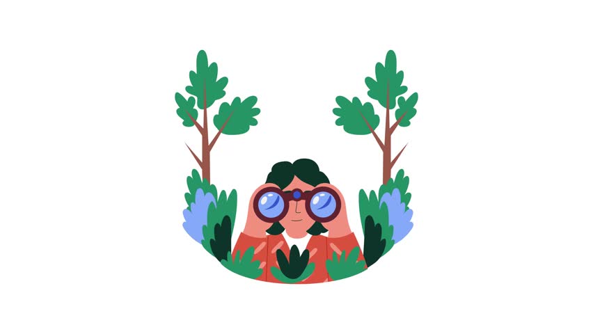 Girl with binoculars doing bird watching, flat character animated illustration