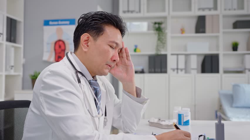 Asian stressed male doctor sitting on working table in hospital office. Elderly mature physician man feeling tired and disappointed from overworked to cure patients in health care clinic center.