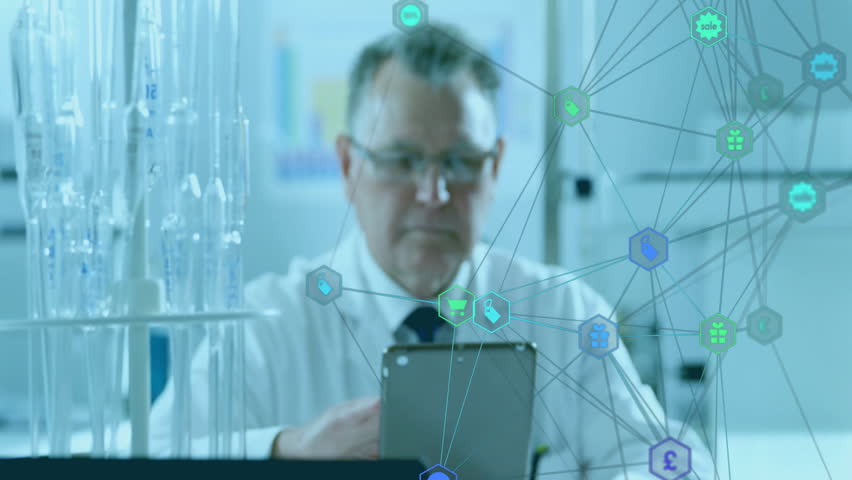 Working with animation, scientist using tablet with network icons overlaying. Technology, innovation, research, digital, futuristic, connectivity - Powered by Shutterstock - Get 15% off with code: PIKWIZARD15