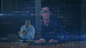 Cybercrime and malware detection animation over two men working with cables. Cybersecurity, hacking, network, technology, digital, protection - Powered by Shutterstock - Get 15% off with code: PIKWIZARD15