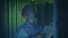 Man using tablet in server room with digital data processing animation overlay. Technology, networking, cybersecurity, data center, digital transformation, information - Powered by Shutterstock - Get 15% off with code: PIKWIZARD15