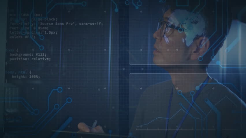Using tablet with digital circuit animation, man representing technology integration. innovation, futuristic, connection, virtual, software, networking
