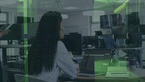 Businesswoman working on laptop with digital data processing animation overlay. Technology, innovation, corporate, analysis, professional, office - Powered by Shutterstock - Get 15% off with code: PIKWIZARD15