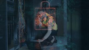 Technician working on server cables with digital lock animation overlay. Technology, cybersecurity, networking, data center, maintenance, security - Powered by Shutterstock - Get 15% off with code: PIKWIZARD15