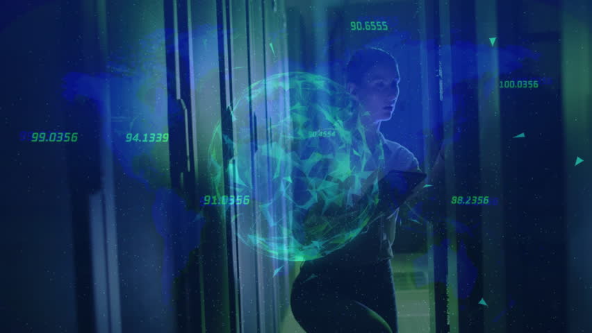 Animation of digital globe and data overlaying people walking in futuristic school. Technology, innovation, education, global, connected, network - Powered by Shutterstock - Get 15% off with code: PIKWIZARD15