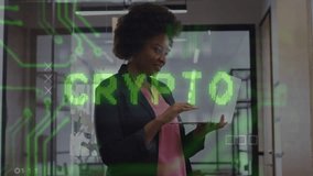 Using laptop, businesswoman analyzing cryptocurrency data with animated overlay. Technology, blockchain, finance, digital currency, investment, analysis - Powered by Shutterstock - Get 15% off with code: PIKWIZARD15