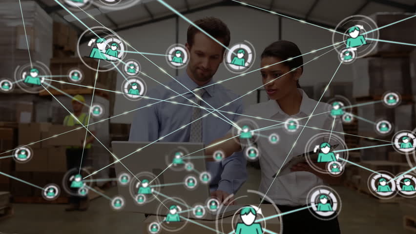 In warehouse, business people with network of connections and data processing animation. Logistics, technology, networking, data analysis, teamwork, innovation - Powered by Shutterstock - Get 15% off with code: PIKWIZARD15