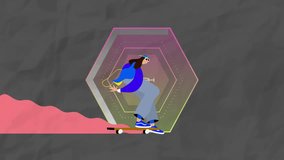 Skateboarding person with colorful geometric shapes in animation background. vibrant, creativity, abstract, modern, dynamic, urban - Powered by Shutterstock - Get 15% off with code: PIKWIZARD15