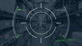 Digital targeting interface overlaying warehouse shelves in animation scene. Technology, automation, logistics, innovation, supply chain, data - Powered by Shutterstock - Get 15% off with code: PIKWIZARD15