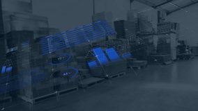 In warehouse, animation with blue graphs and charts illustrating data analysis. Analytics, data visualization, business, technology, statistics, growth - Powered by Shutterstock - Get 15% off with code: PIKWIZARD15