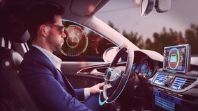 Driving car, man in suit interacting with futuristic digital animation overlay. Technology, innovation, business, interaction, augmented reality, executive - Powered by Shutterstock - Get 15% off with code: PIKWIZARD15