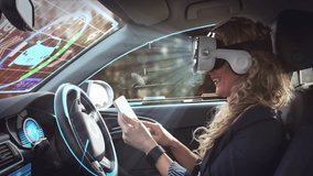 In futuristic car, woman wearing VR headset interacting with digital animation interface. Technology, virtual reality, innovation, automotive, interaction, augmented reality - Powered by Shutterstock - Get 15% off with code: PIKWIZARD15