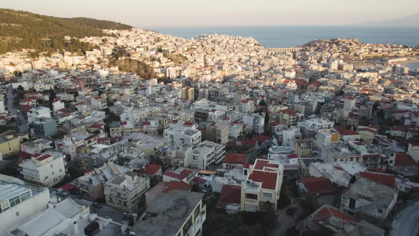 Kavala Greece aerial view of city center and Port