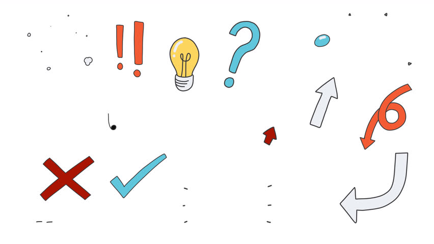 Cartoon Cute doodle icons, wiggle animation stickers: smoke, question marks, arrows, stars, sparkles, light bulb, heart pop, music notes, surprised, sweat, on a transparent background, alpha channel