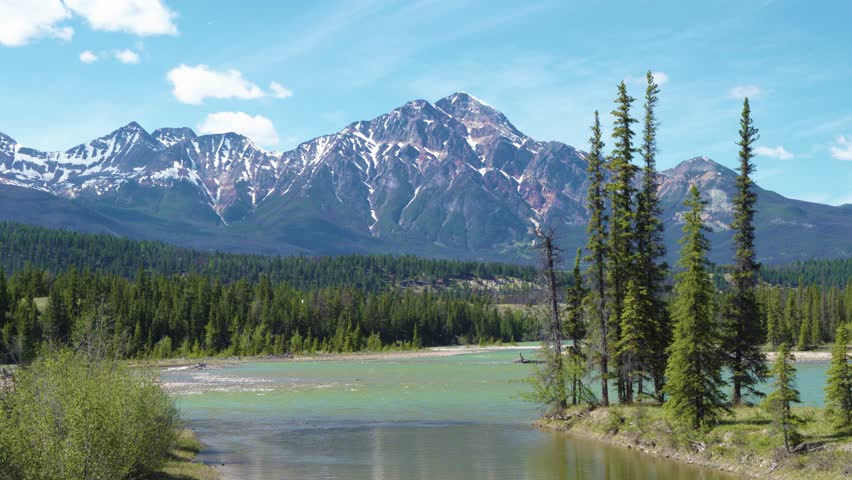 Majestic Pyramid Mountain Reflections on Athabasca River, Jasper National Park, Alberta, Canada