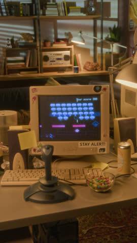 Vertical no people shot of retro computer setup with pixel videogame on screen in warm old school setting